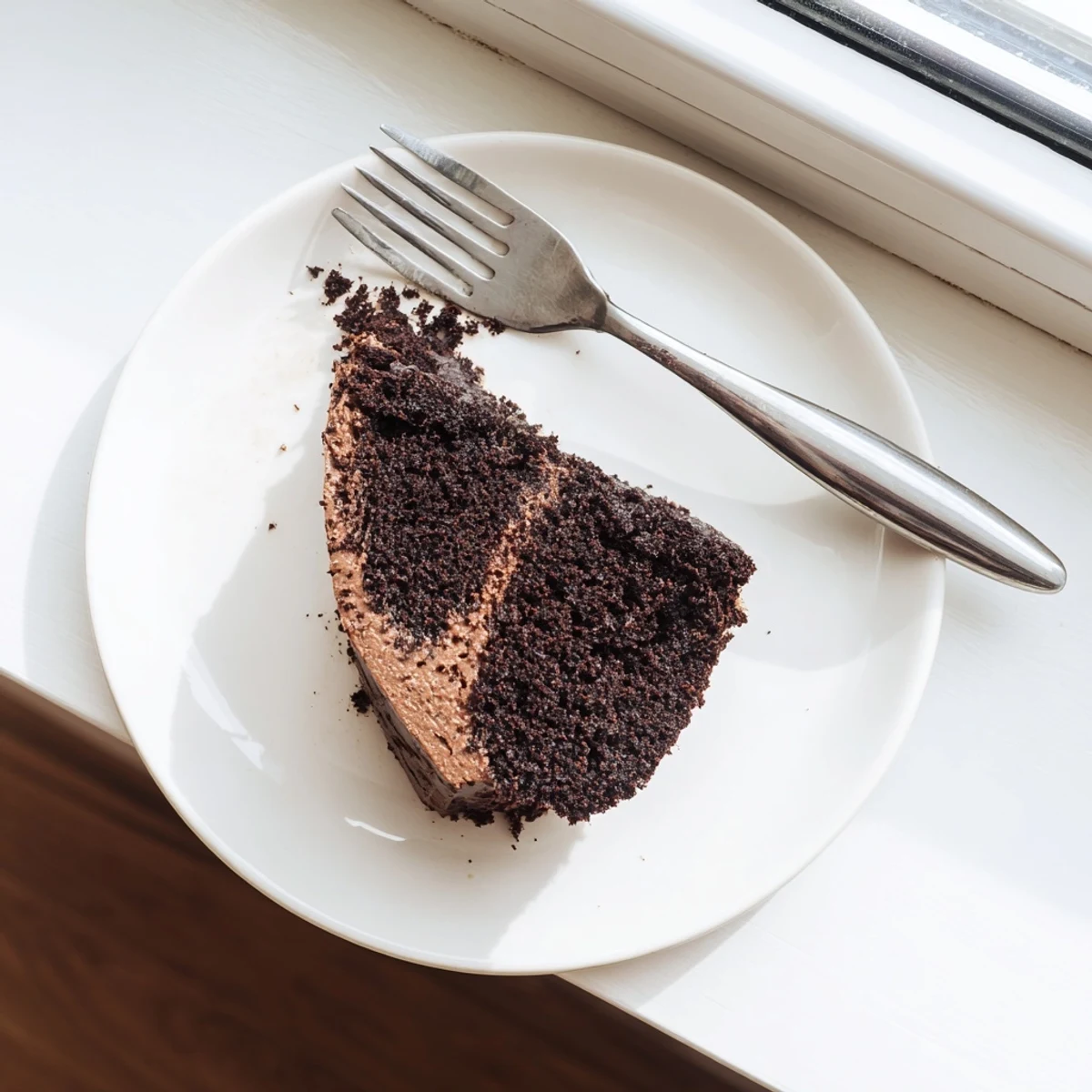 Slice of decadent chocolate mayonnaise cake topped with creamy frosting on white plate