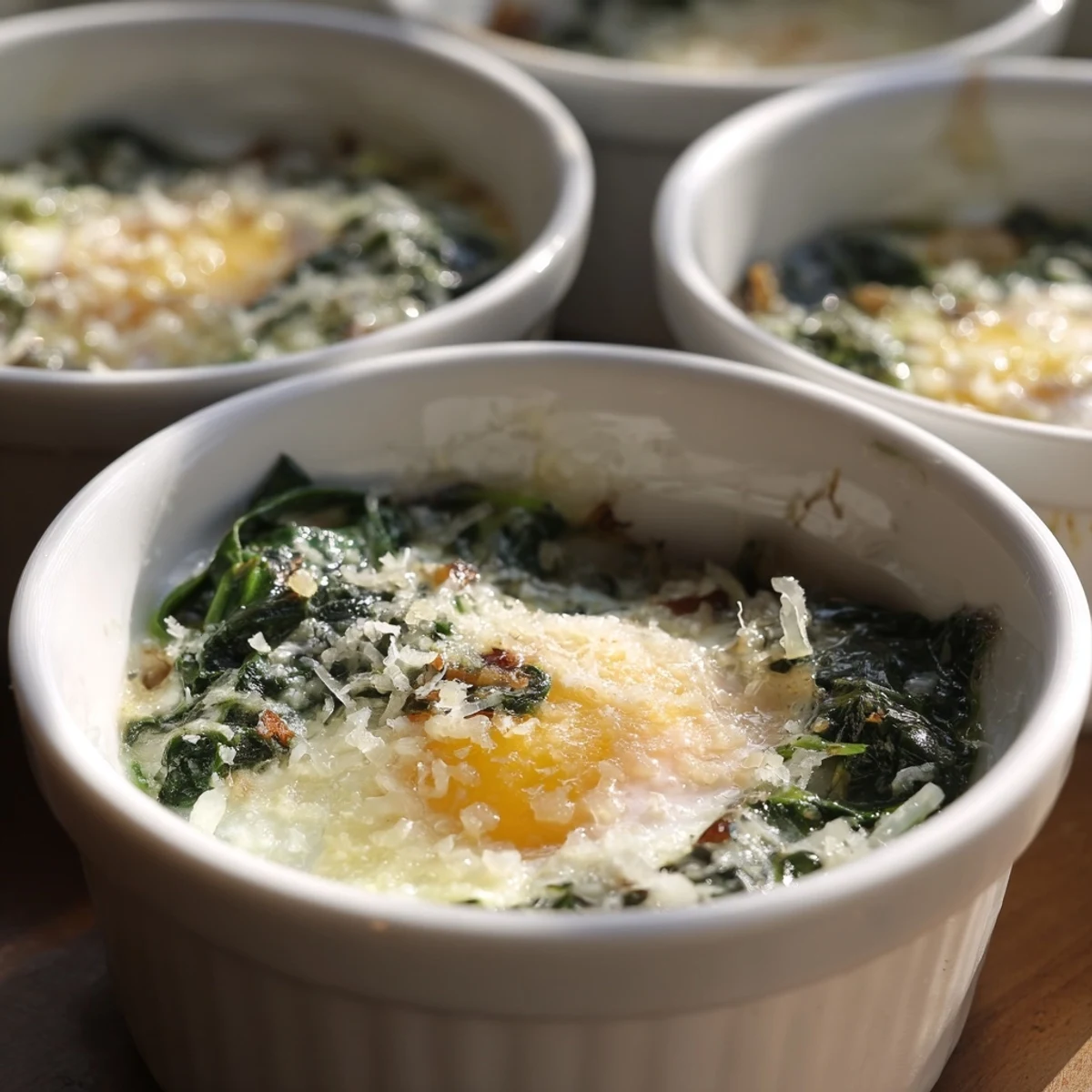 Golden baked eggs with wilted spinach and melted Parmesan in a rustic ramekin