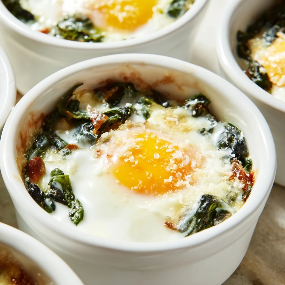 Creamy baked eggs spinach parmesan dish with a bubbling golden cheese topping on top