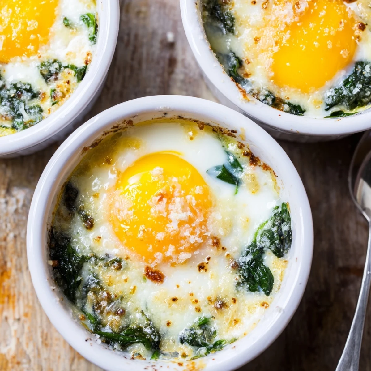 Individual baked eggs with fresh spinach and grated Parmesan, freshly baked to perfection