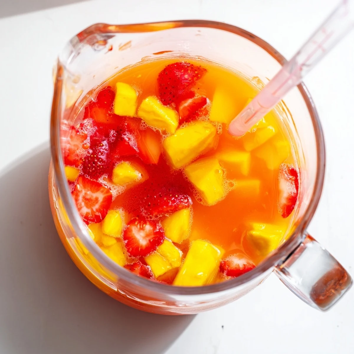 Golden mango strawberry lemonade in a glass pitcher garnished with fresh mint leaves and ice