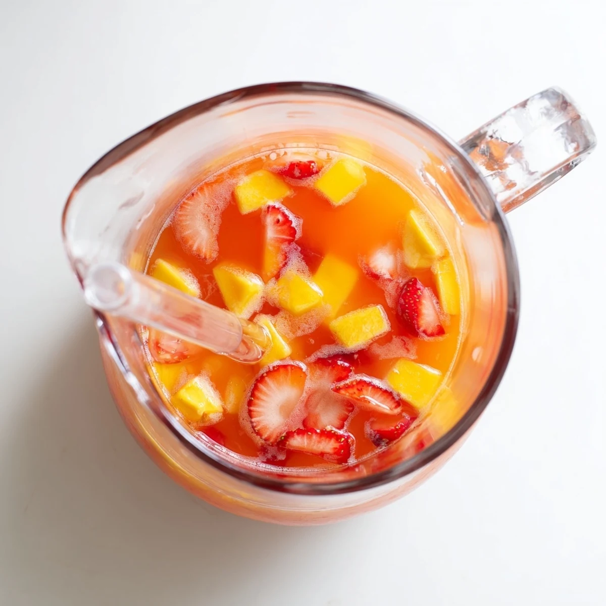 Vibrant refreshing mango strawberry lemonade with floating fruit slices and ice cubes on a sunny day