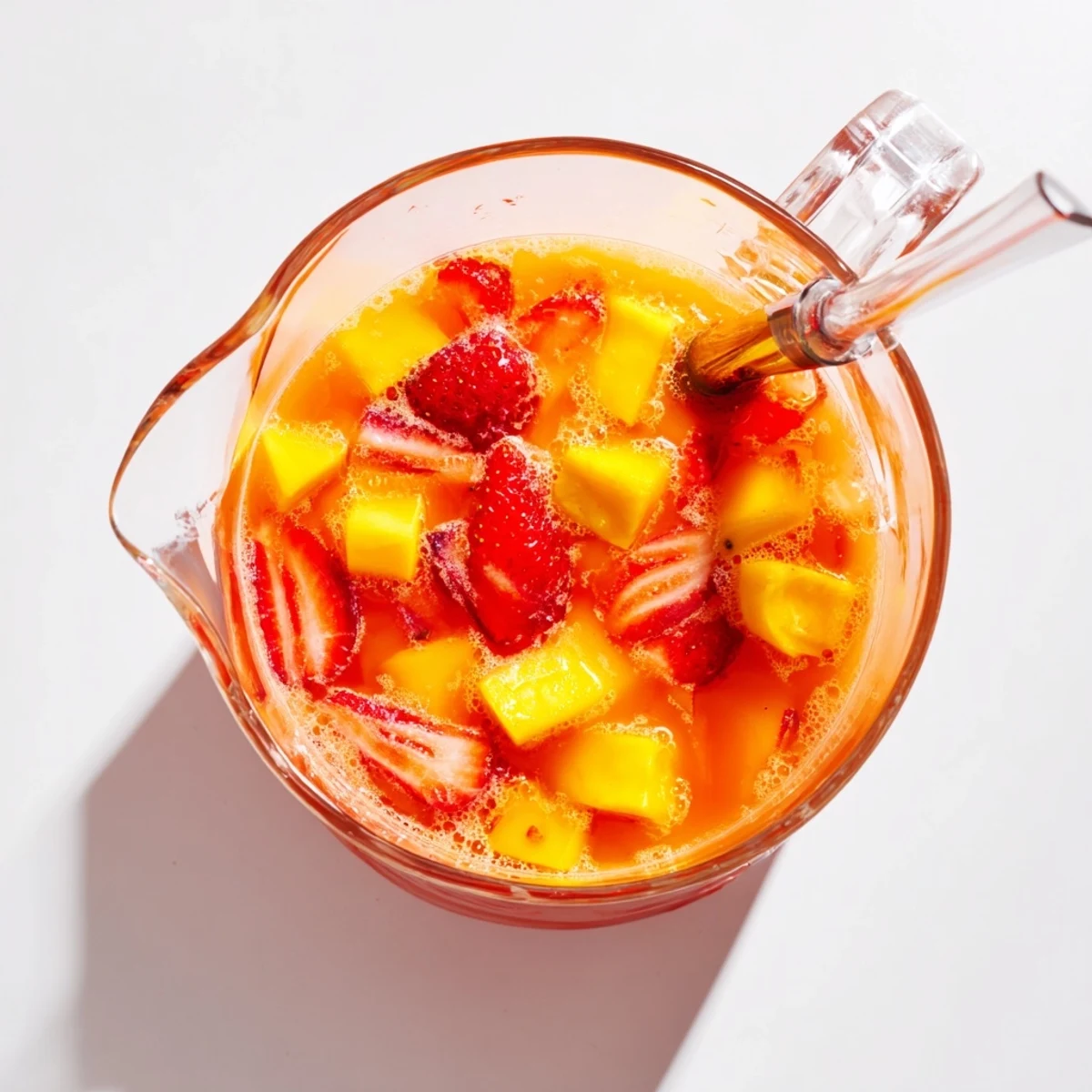 Tall chilled glass of mango strawberry lemonade topped with strawberry and lemon wheels on wooden table