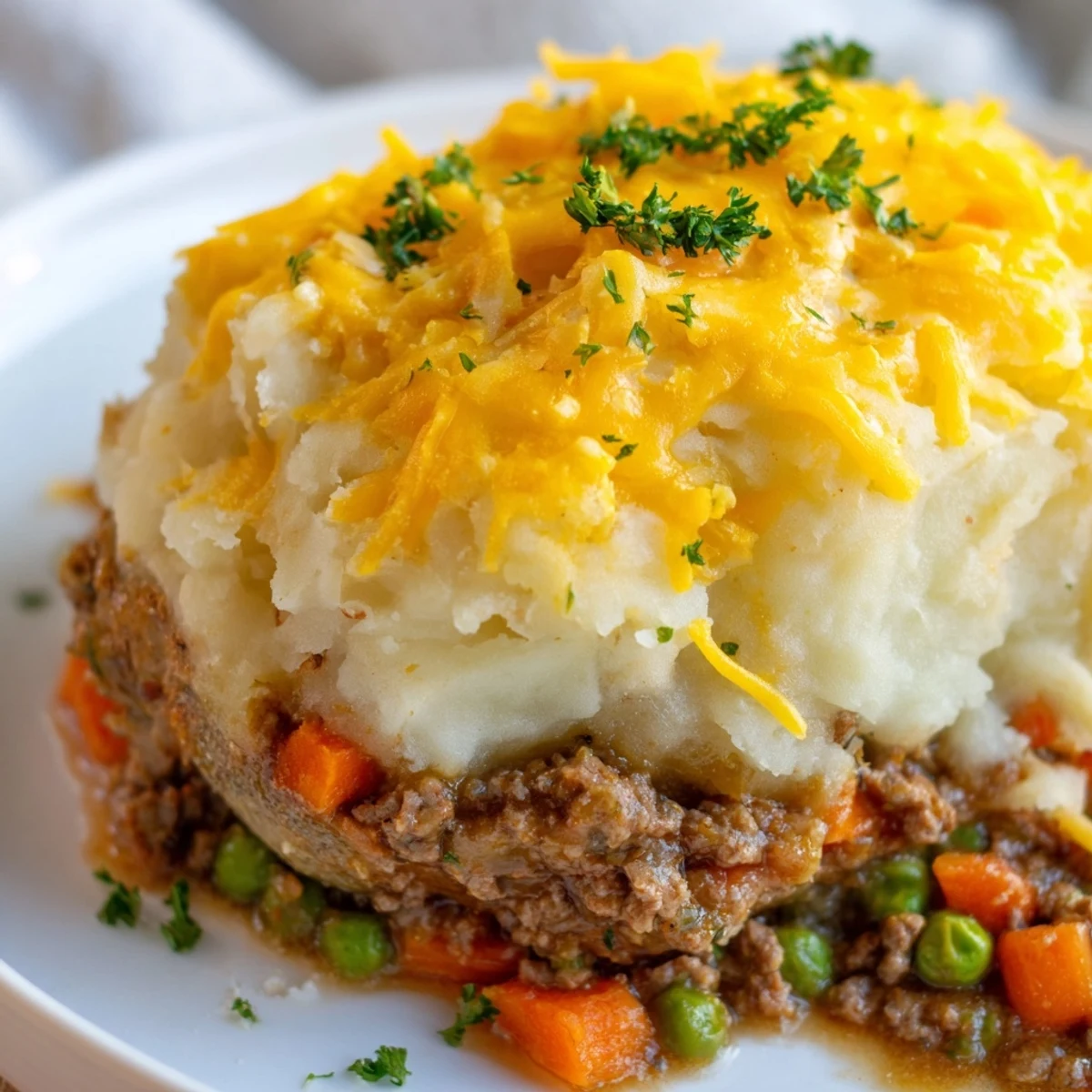 Golden shepherds pie baked potato with fluffy mashed potato topping and savory lamb filling