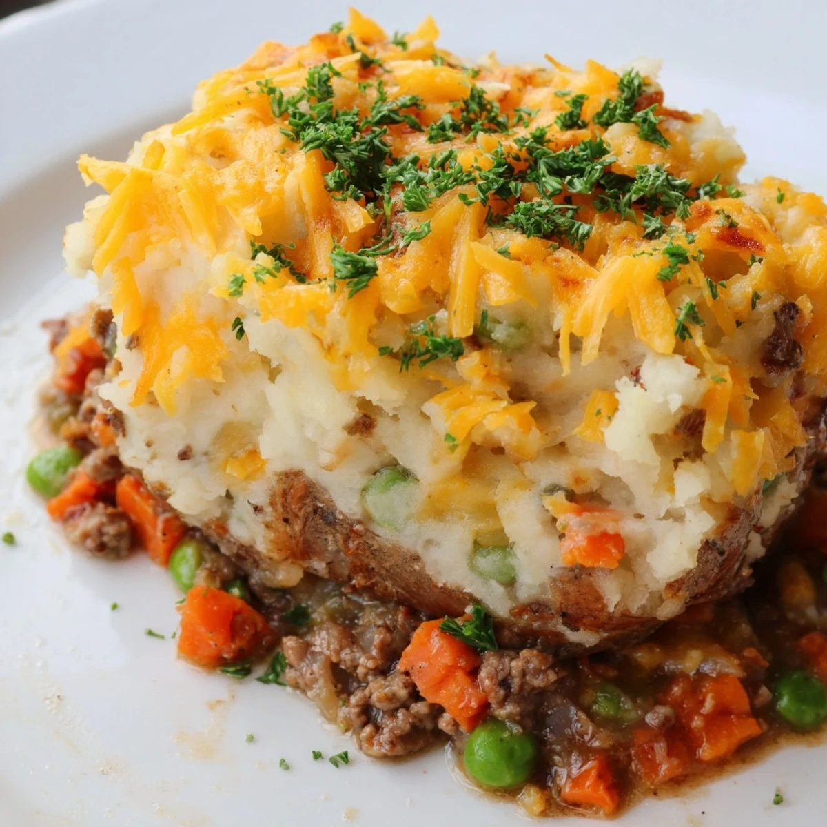 Hearty shepherds pie baked potato topped with creamy mashed potatoes and fresh parsley garnish