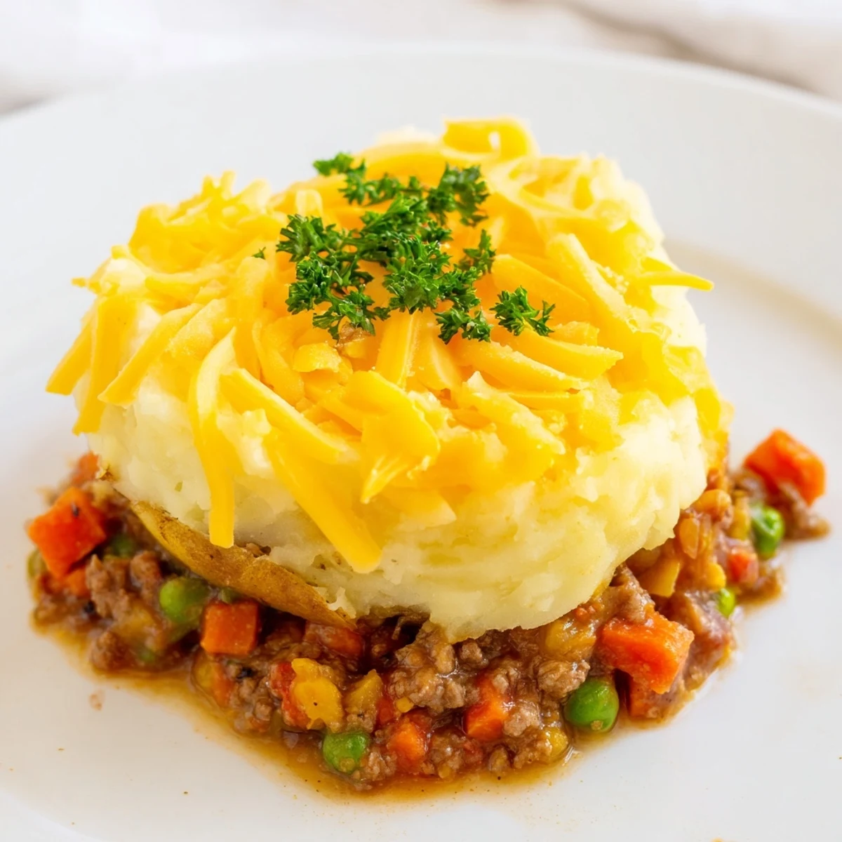 Fluffy baked potato loaded with rich ground lamb shepherd's pie filling and golden crust