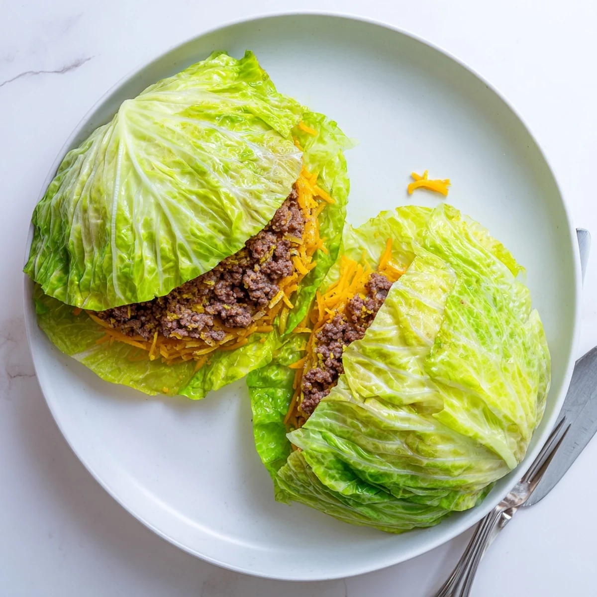 Golden brown oven baked cabbage burger featuring juicy beef wrapped in tender green cabbage leaves