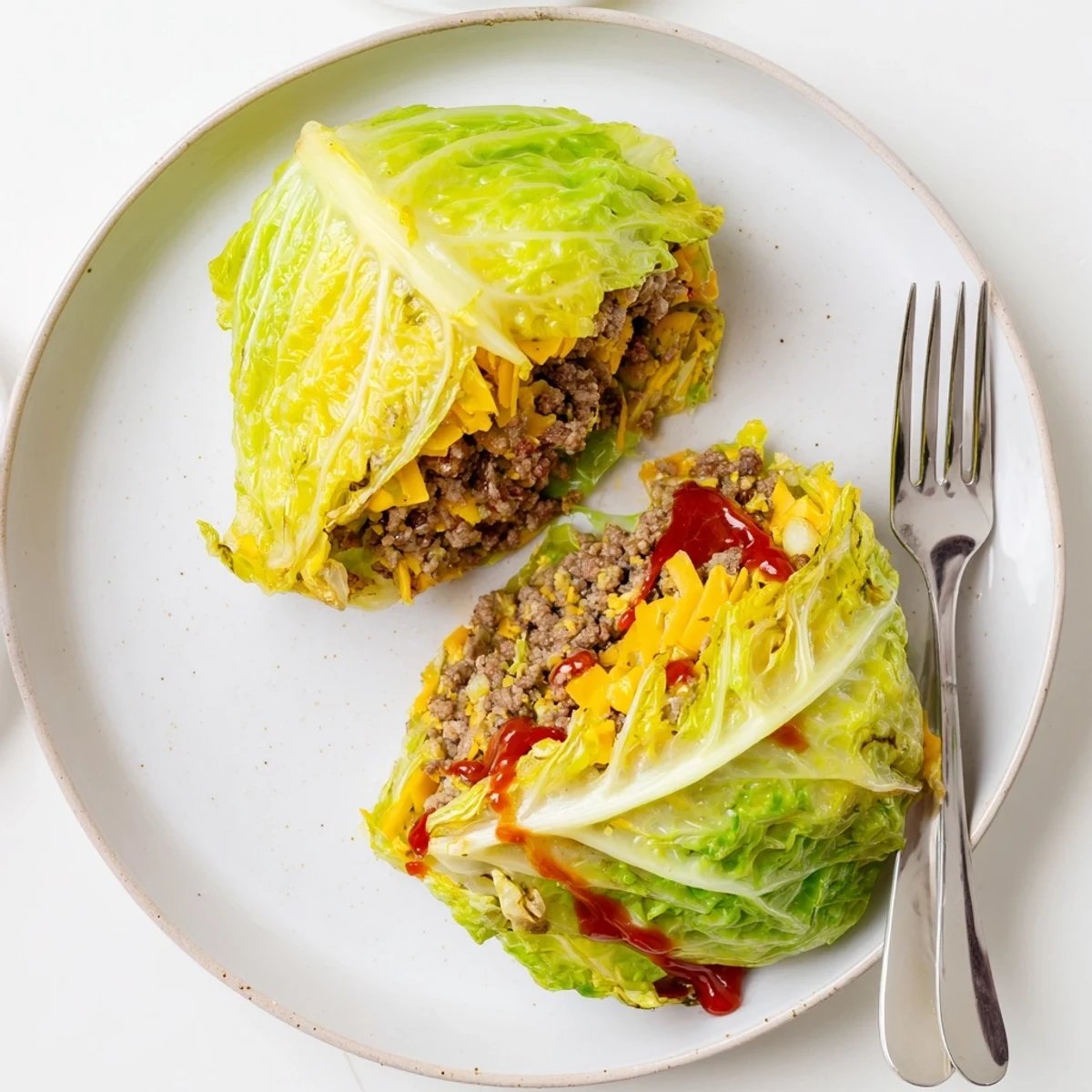 Oven baked cabbage burger plated whole showing meat patty encased in soft blanched cabbage