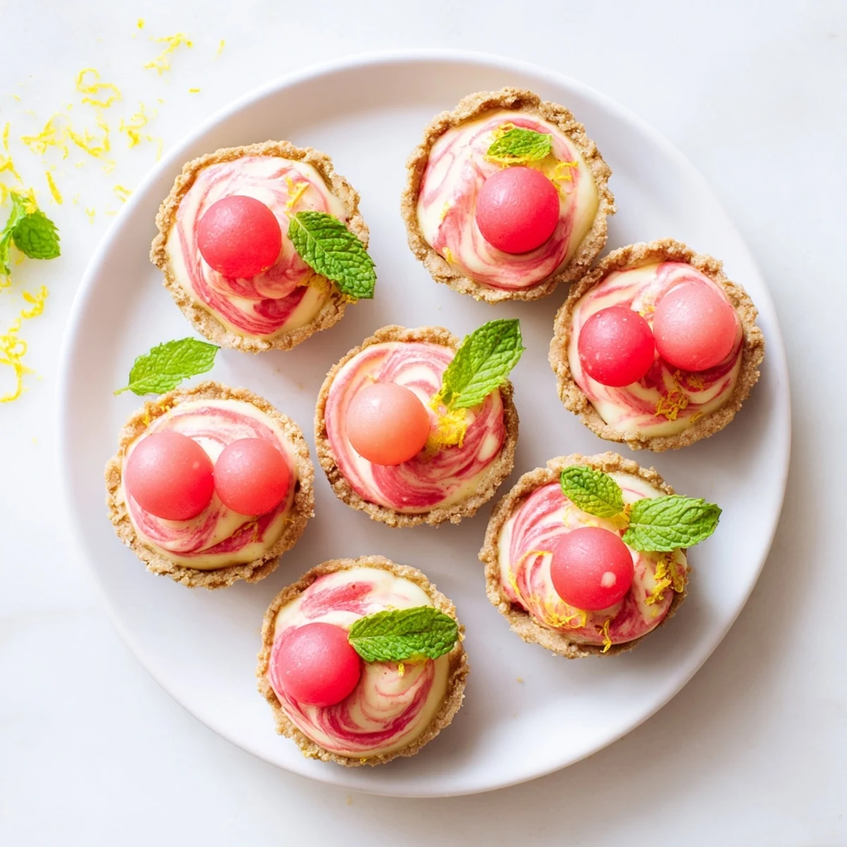 Frozen watermelon lemon cream tarts topped with fresh mint and watermelon balls on a white plate