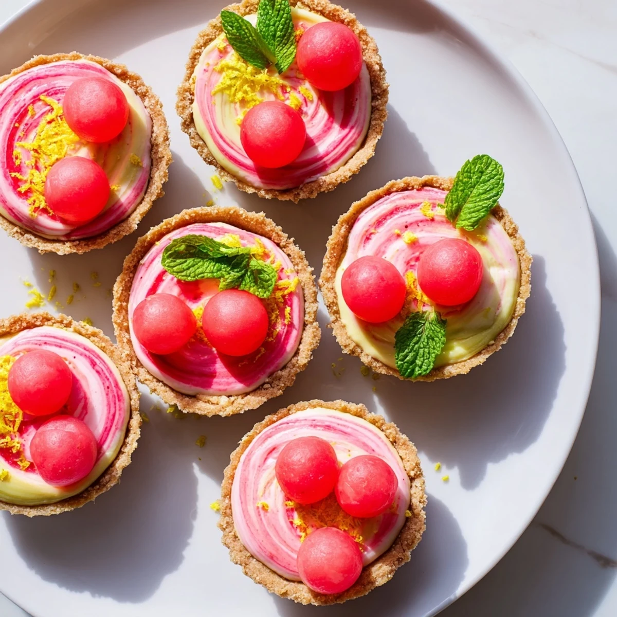 Mini frozen watermelon lemon cream tarts in golden graham cracker shells with swirled pink and white layers