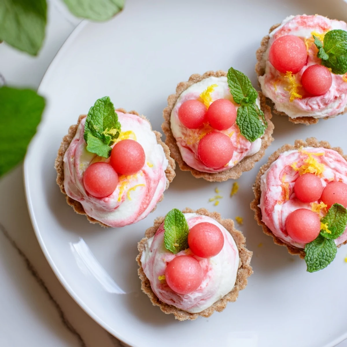 Refreshing frozen watermelon lemon cream tarts garnished with lemon zest and mint leaves for summer dessert