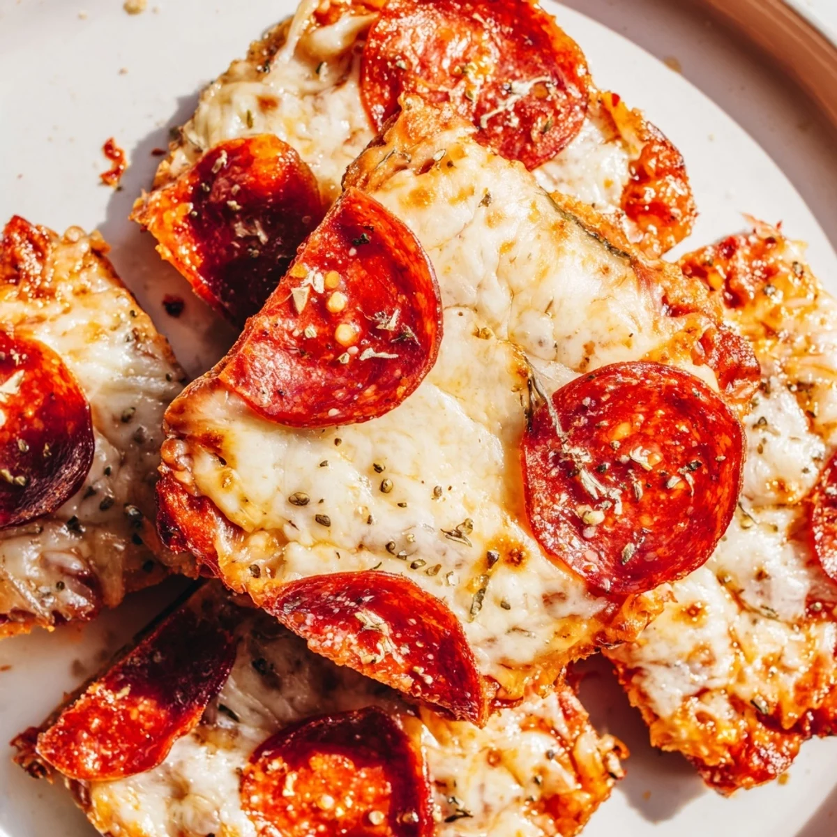 Baked pepperoni slices layered with bubbling cheese and Italian herbs on parchment paper
