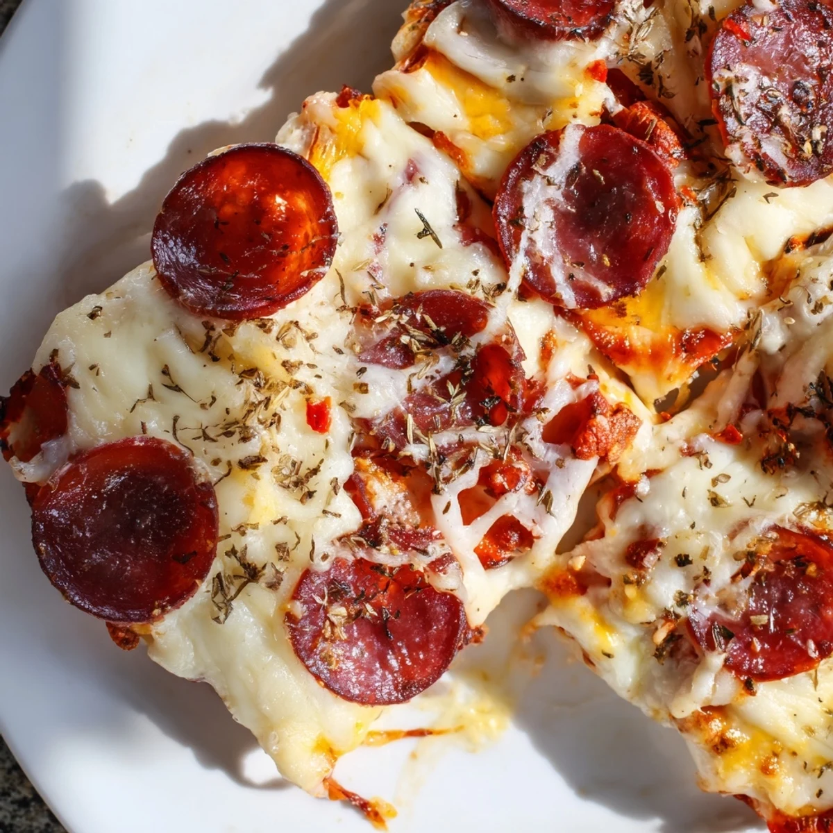 Golden crispy pepperoni cheese chips topped with melted mozzarella and cheddar on a white serving plate