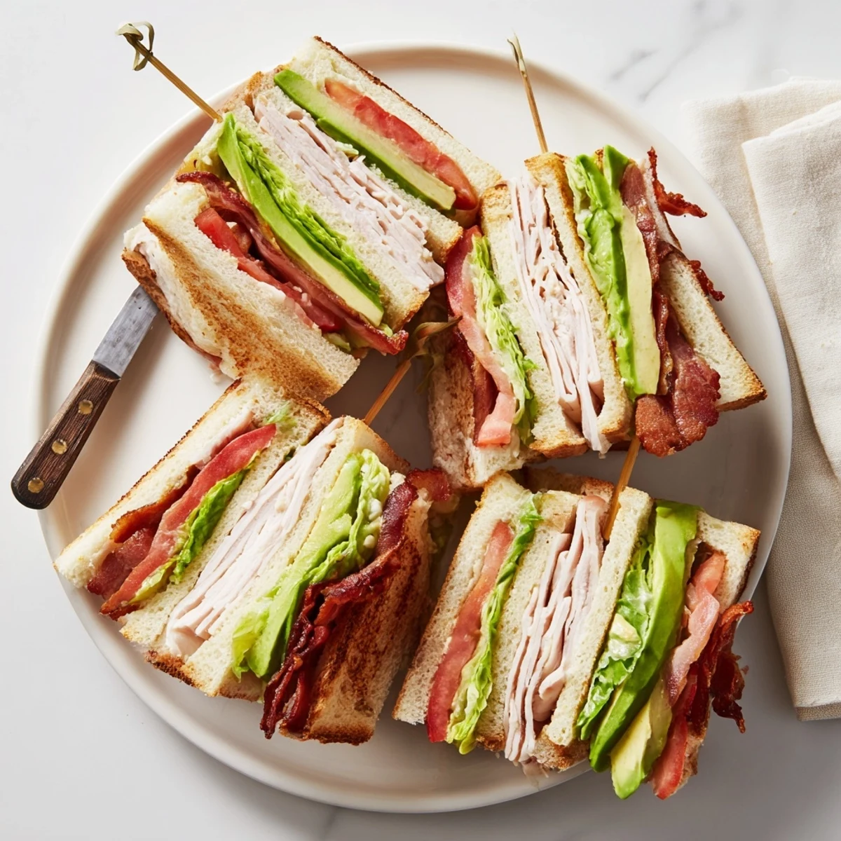 Golden triple-decker California Club Sandwich stacked with turkey, bacon, avocado, tomato, and crisp lettuce on toasted bread