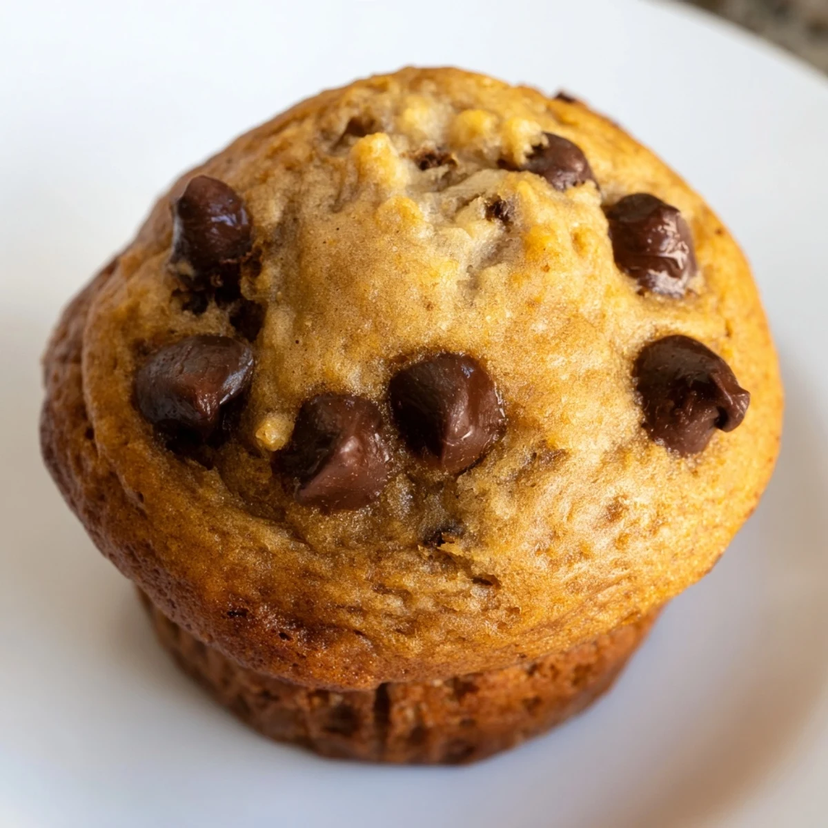 Moist breakfast muffins featuring mashed bananas, espresso infusion, and scattered chocolate chips on a rustic wood board