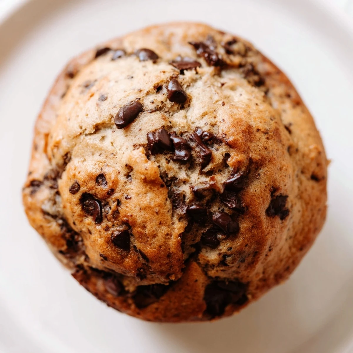 Close-up of tender banana espresso chocolate chip muffins with a cracked dome and chocolate gems peeking through