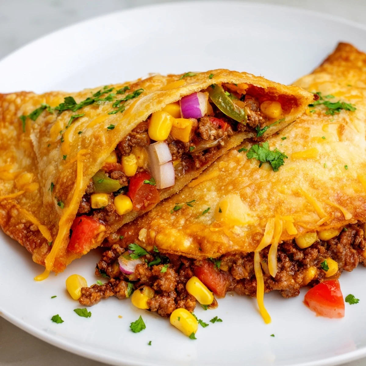 Golden brown spicy crispy Mexican taco pockets with melty cheddar cheese oozing from golden fried tortillas