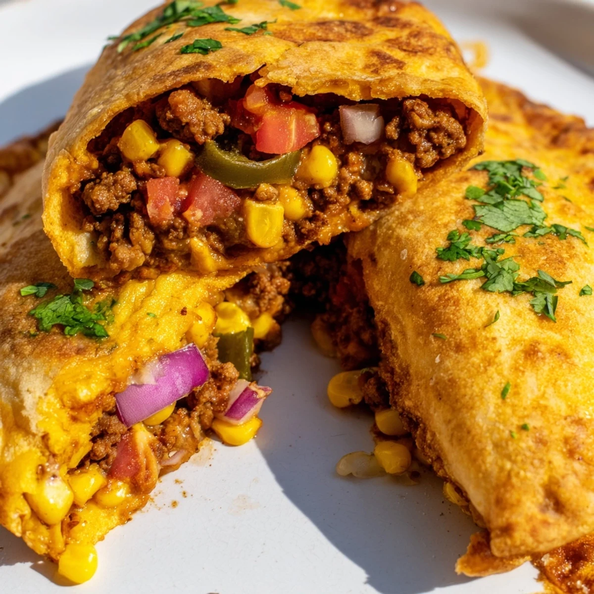 Crispy fried Mexican taco pockets filled with seasoned ground beef corn and fresh vegetables on a serving plate