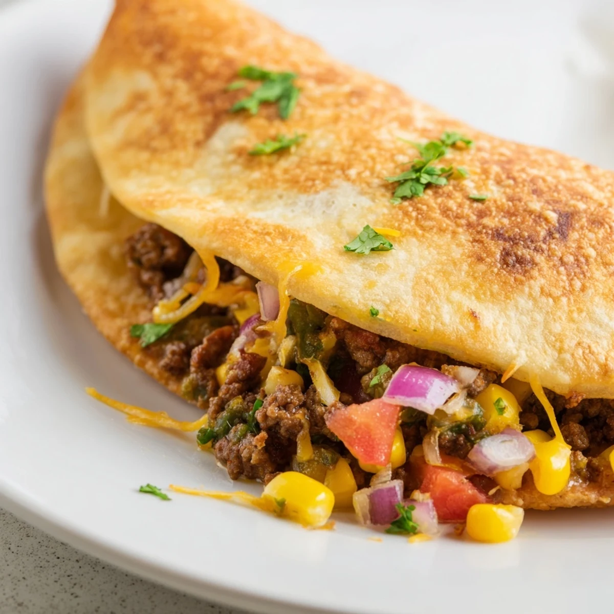 Homemade spicy crispy Mexican taco pockets cut open revealing seasoned beef cheddar cheese and colorful vegetable filling