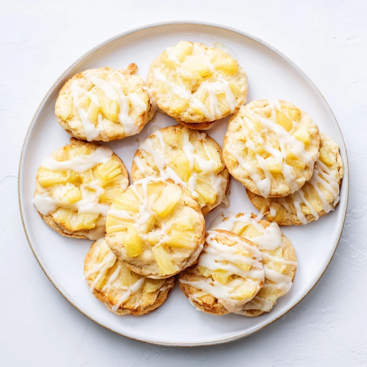 Golden pineapple cookies drizzled with white glaze on a wire cooling rack