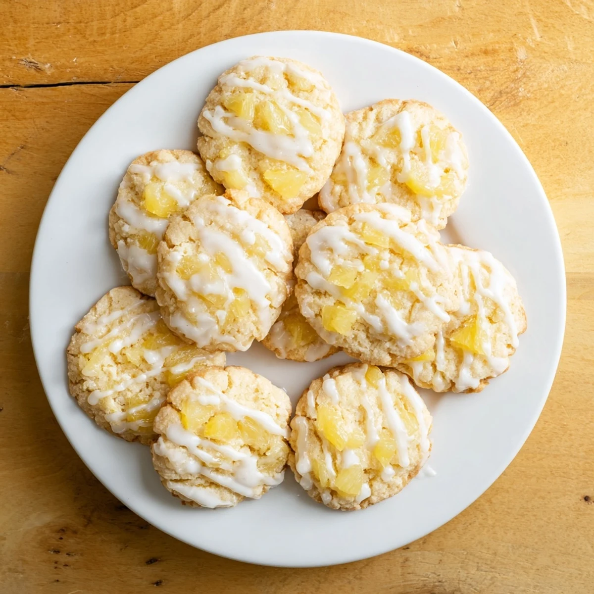 Buttery tropical pineapple cookies arranged on a wooden cutting board for dessert