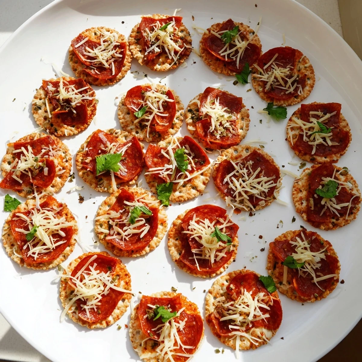Golden beef pepperoni pizza crackers topped with melted mozzarella and zesty pizza sauce