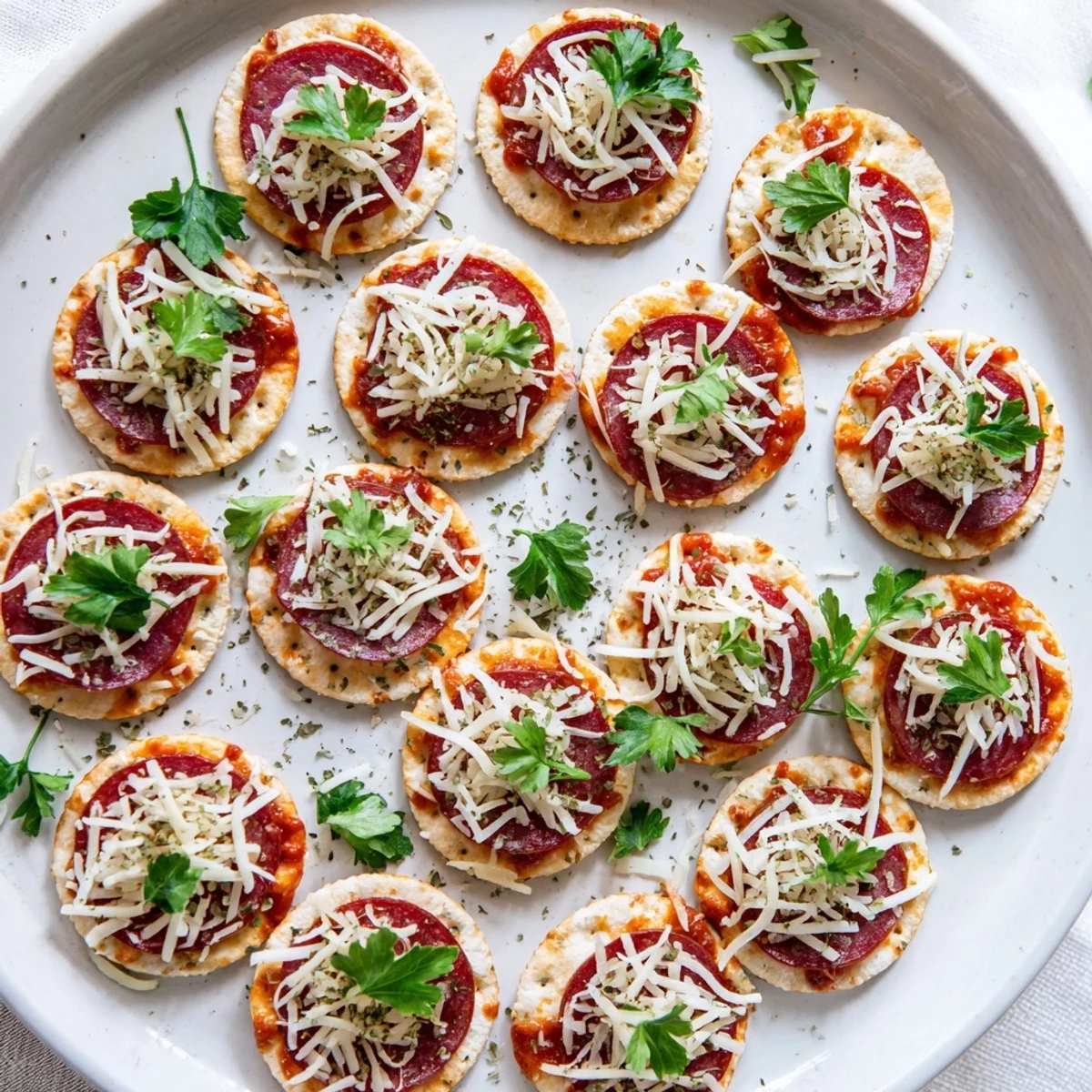 Bite-sized beef pepperoni pizza crackers bubbling with cheese on a parchment-lined baking sheet