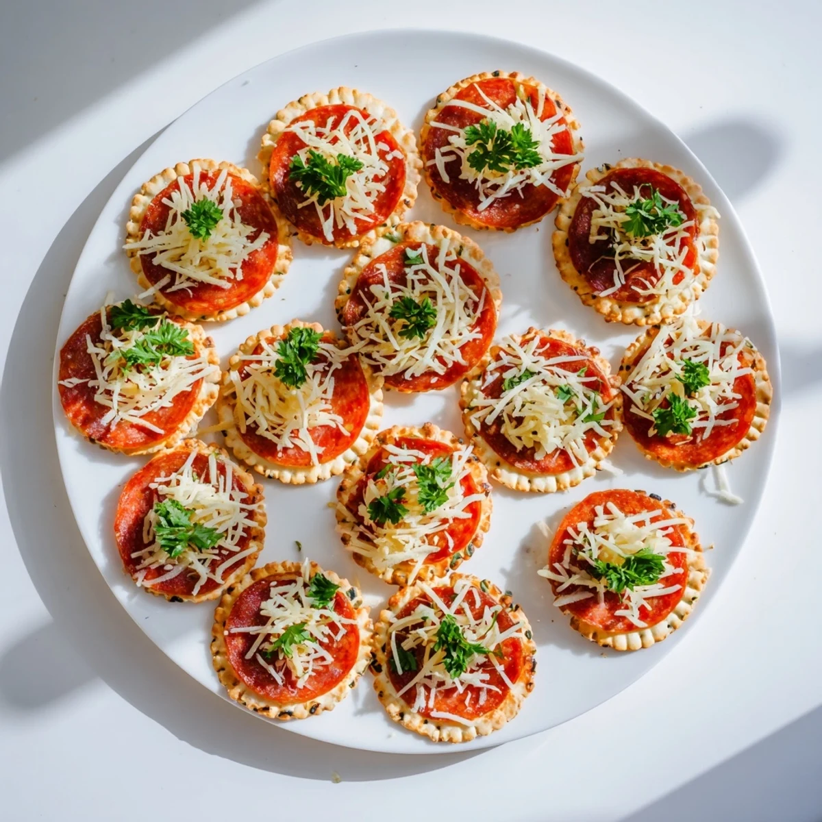 Crispy beef pepperoni pizza crackers garnished with fresh parsley and Italian herbs