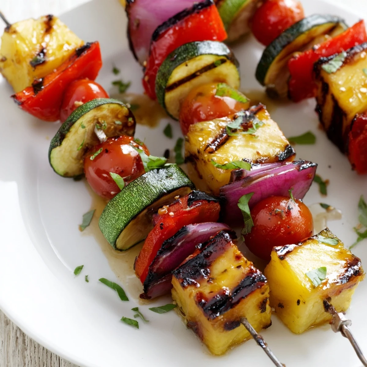 Pineapple Vegetable Skewers alternately threaded with juicy pineapple and tender zucchini