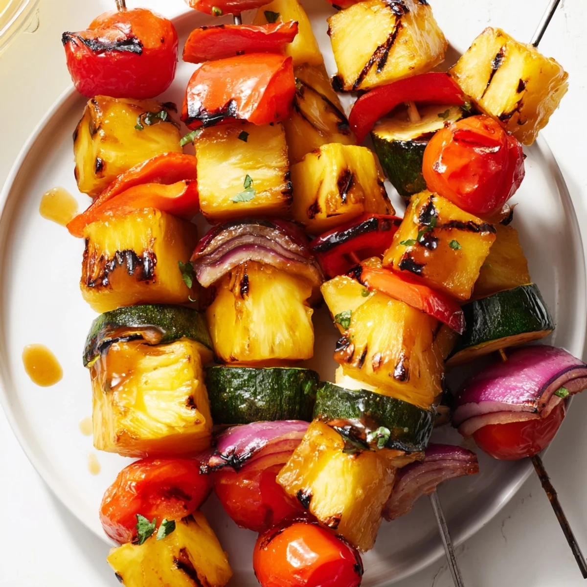 Grilled Pineapple Vegetable Skewers with charred edges and sizzling balsamic glaze