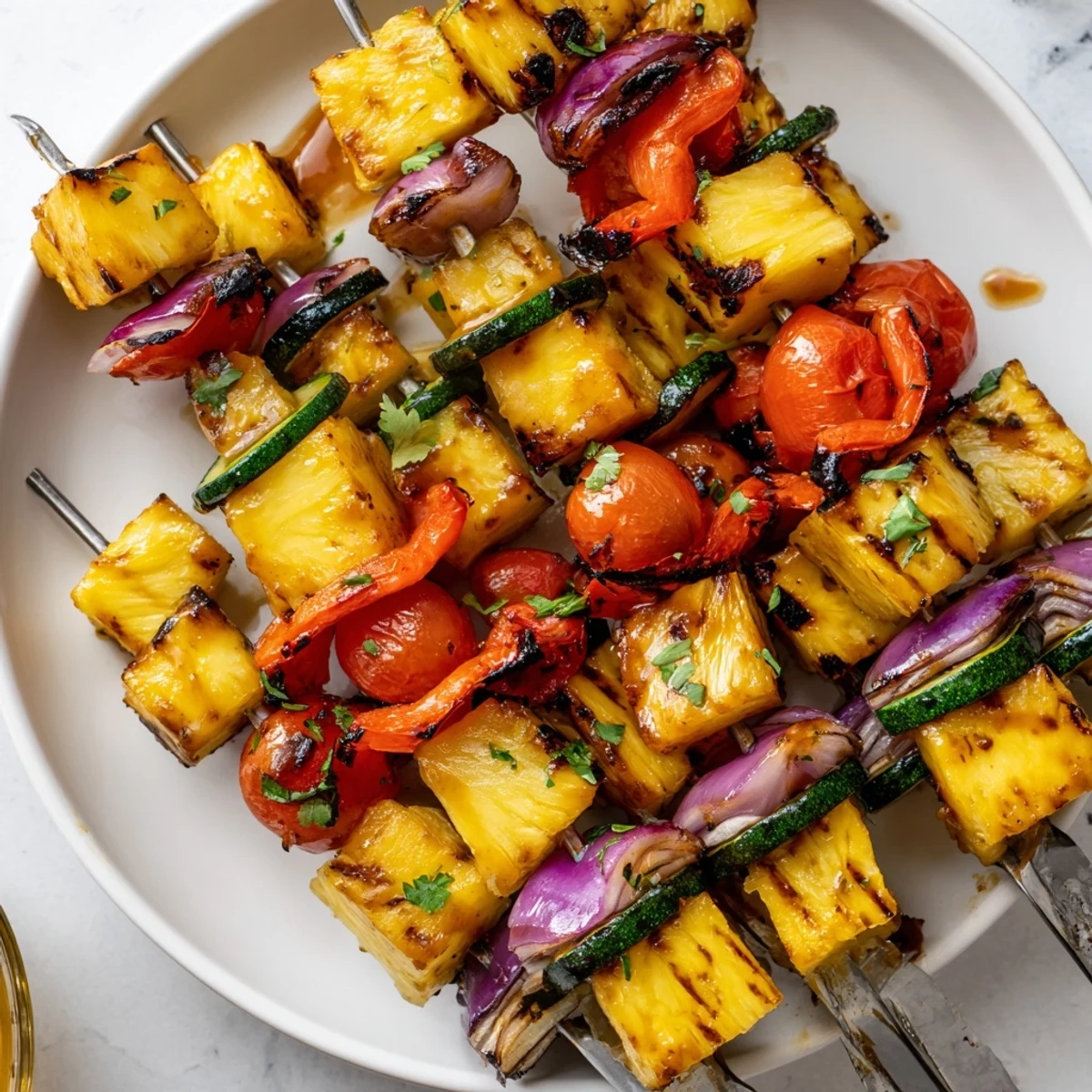 Caramelized Pineapple Vegetable Skewers served hot with a squeeze of lime