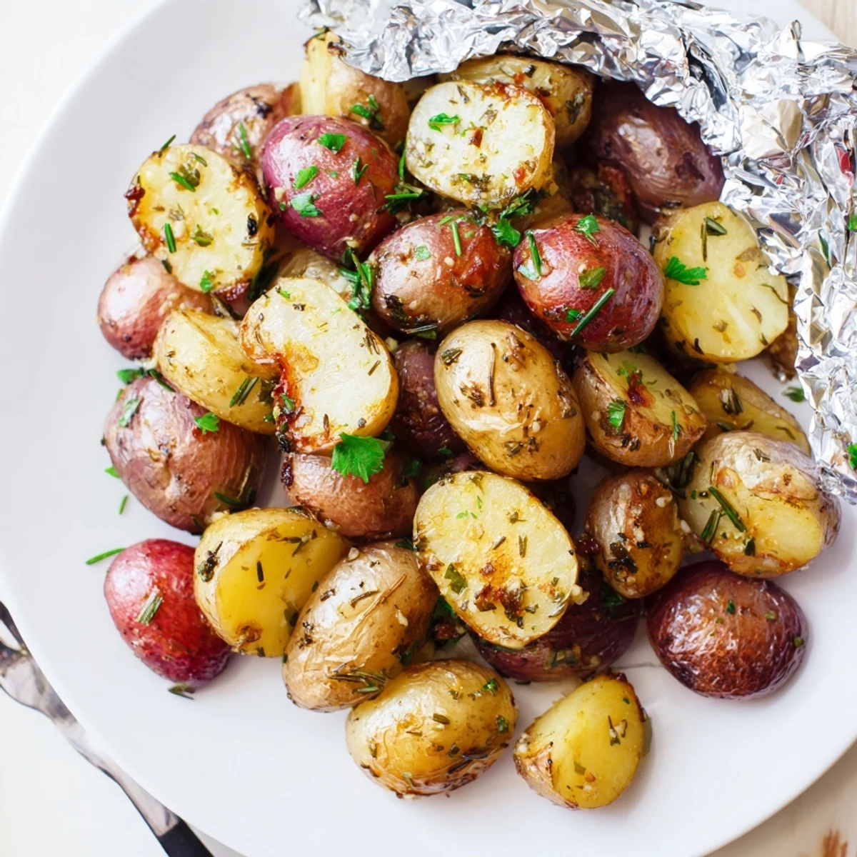 Herb Seasoned Grilled Potatoes In Foil steaming, herb-scented, tender golden bites