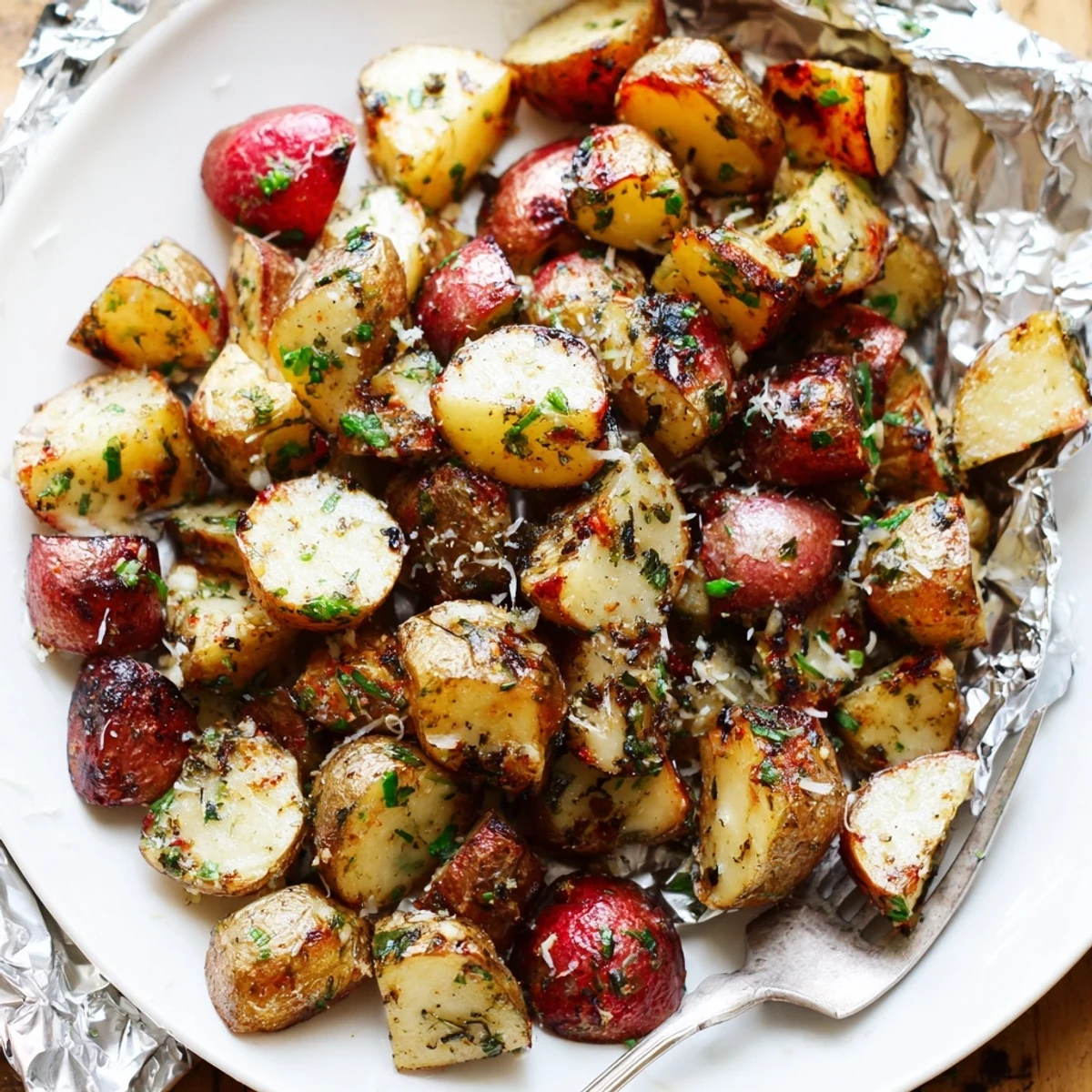 Smoky Herb Seasoned Grilled Potatoes In Foil, perfect barbecue side, garlicky aroma