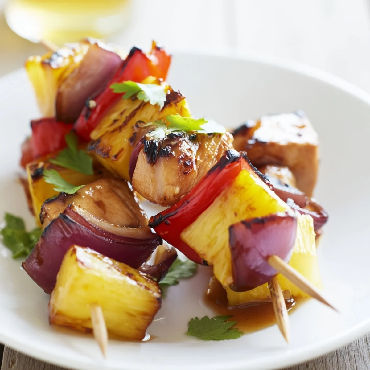 Pineapple Chicken Kabobs glistening with charred edges, juicy fruit, cilantro garnish