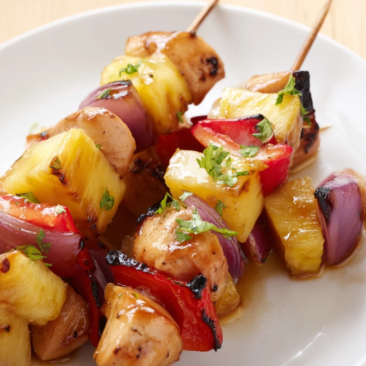 Grilled Pineapple Chicken Kabobs on skewers, honey-lime glaze caramelized and steaming