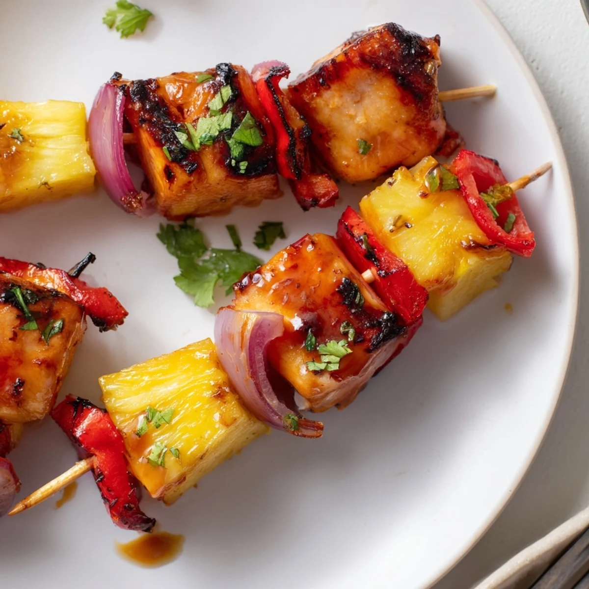 Skewered Pineapple Chicken Kabobs plated over jasmine rice, bright peppers, tender bites