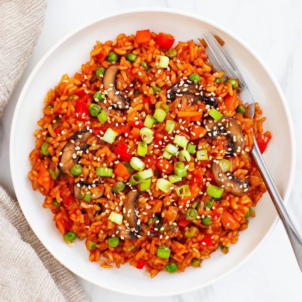 Vegan gochujang fried rice with colorful vegetables in a dark skillet garnished with sesame seeds