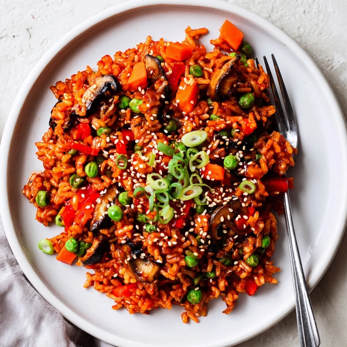 Spicy Korean-inspired vegan fried rice featuring crisp bell peppers and carrots coated in red chili sauce