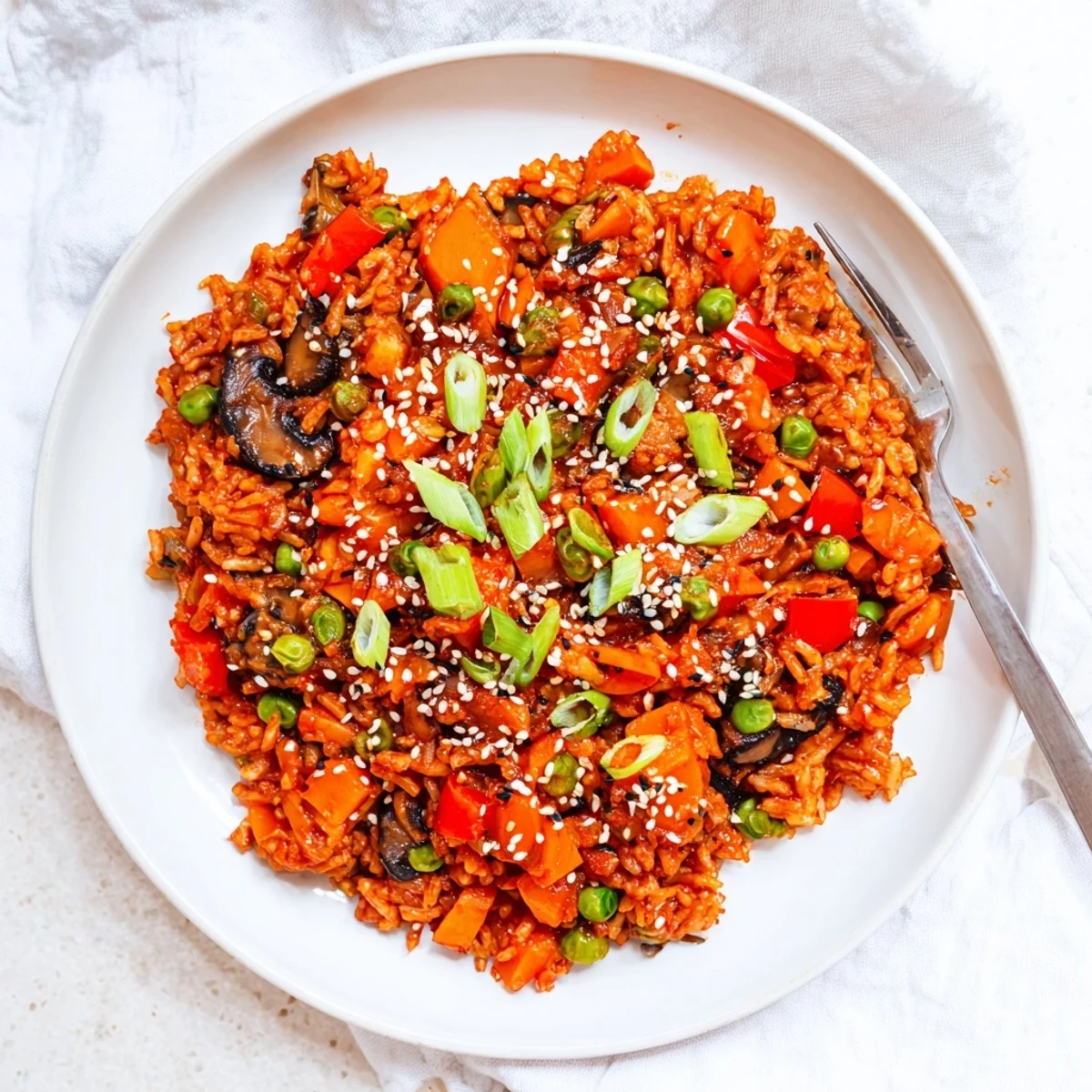 Plant-based gochujang fried rice served hot with green onions and toasted sesame seed topping