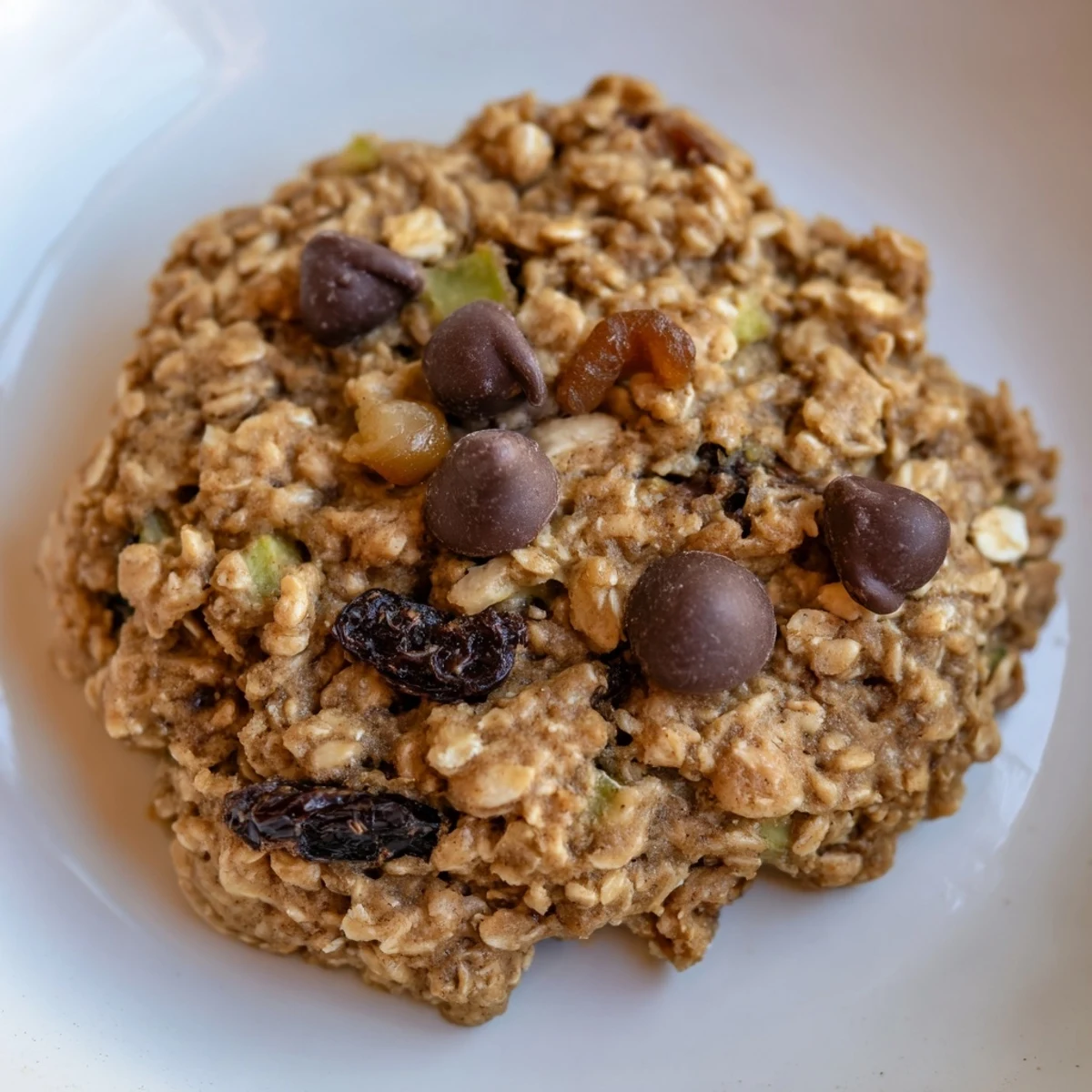 Golden brown zucchini bread breakfast cookies studded with chopped walnuts and oats on a white plate
