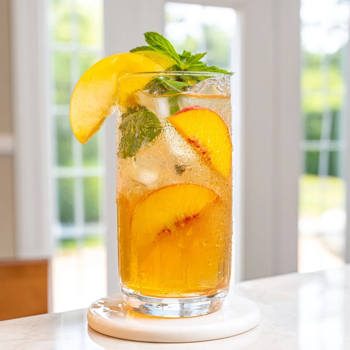 Refreshing peach lemonade drink garnished with fresh mint, peach slices, and lemon wheels in a clear glass pitcher