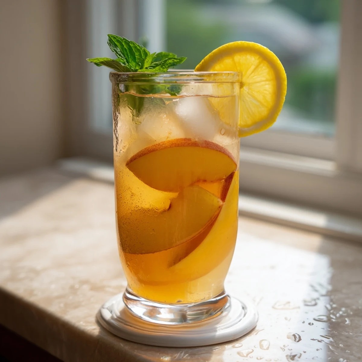 Golden peach lemonade drink poured over ice cubes, showcasing vibrant peach pulp and floating fresh mint sprigs