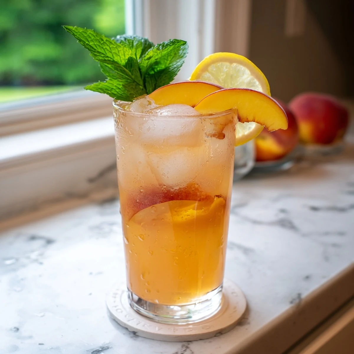 Summer peach lemonade drink with whole ripe peaches and sliced lemons arranged beside a filled beverage dispenser