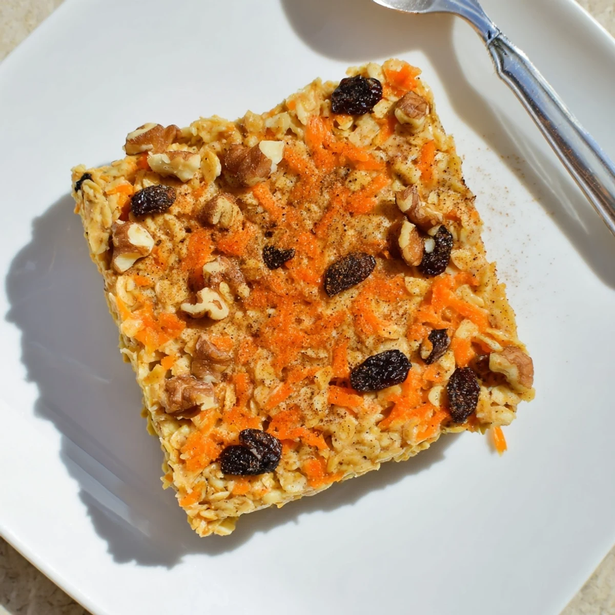 Golden carrot cake baked oatmeal sprinkled with walnuts and raisins in a square baking dish