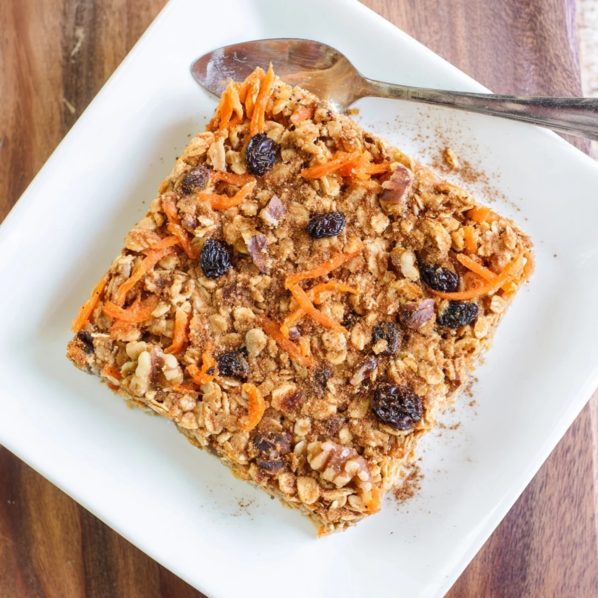 Warm bowl of spiced carrot cake baked oatmeal topped with grated carrots and maple drizzle