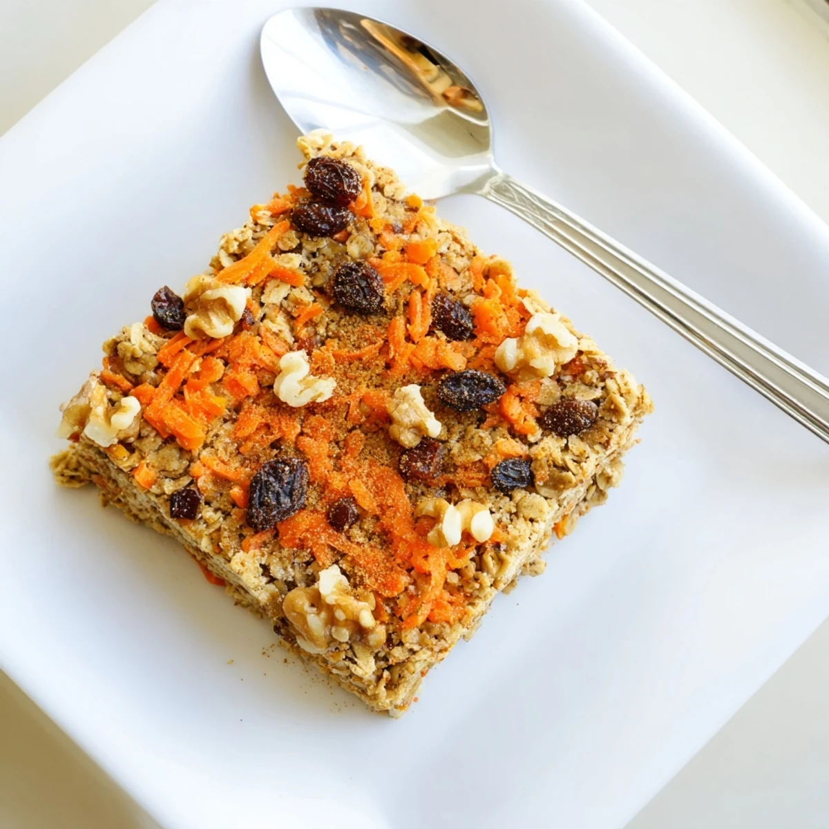 Slices of moist carrot cake baked oatmeal showing flecks of orange carrots and warm spices
