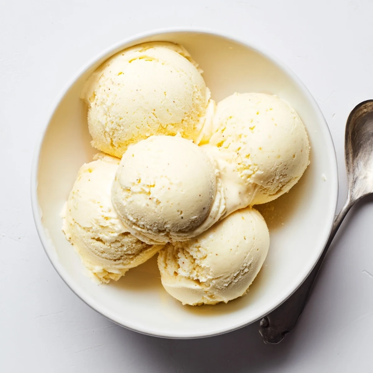 Creamy homemade vanilla ice cream scooped into a chilled glass bowl ready for serving