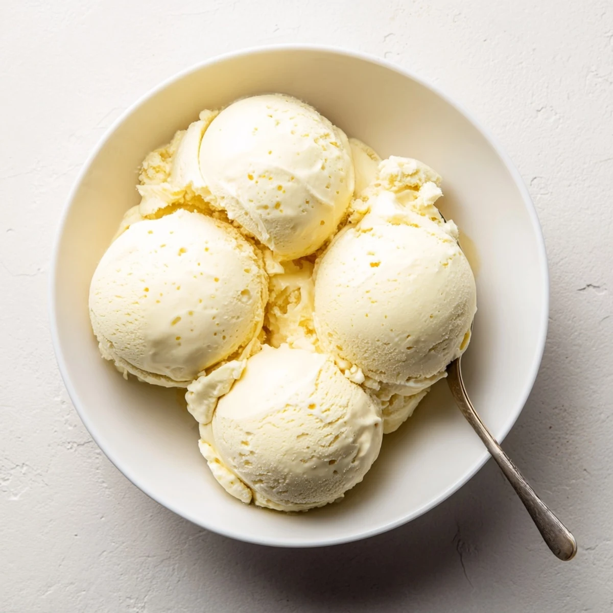 Rich custard-based ice cream with smooth texture swirled in a vintage-style dessert dish