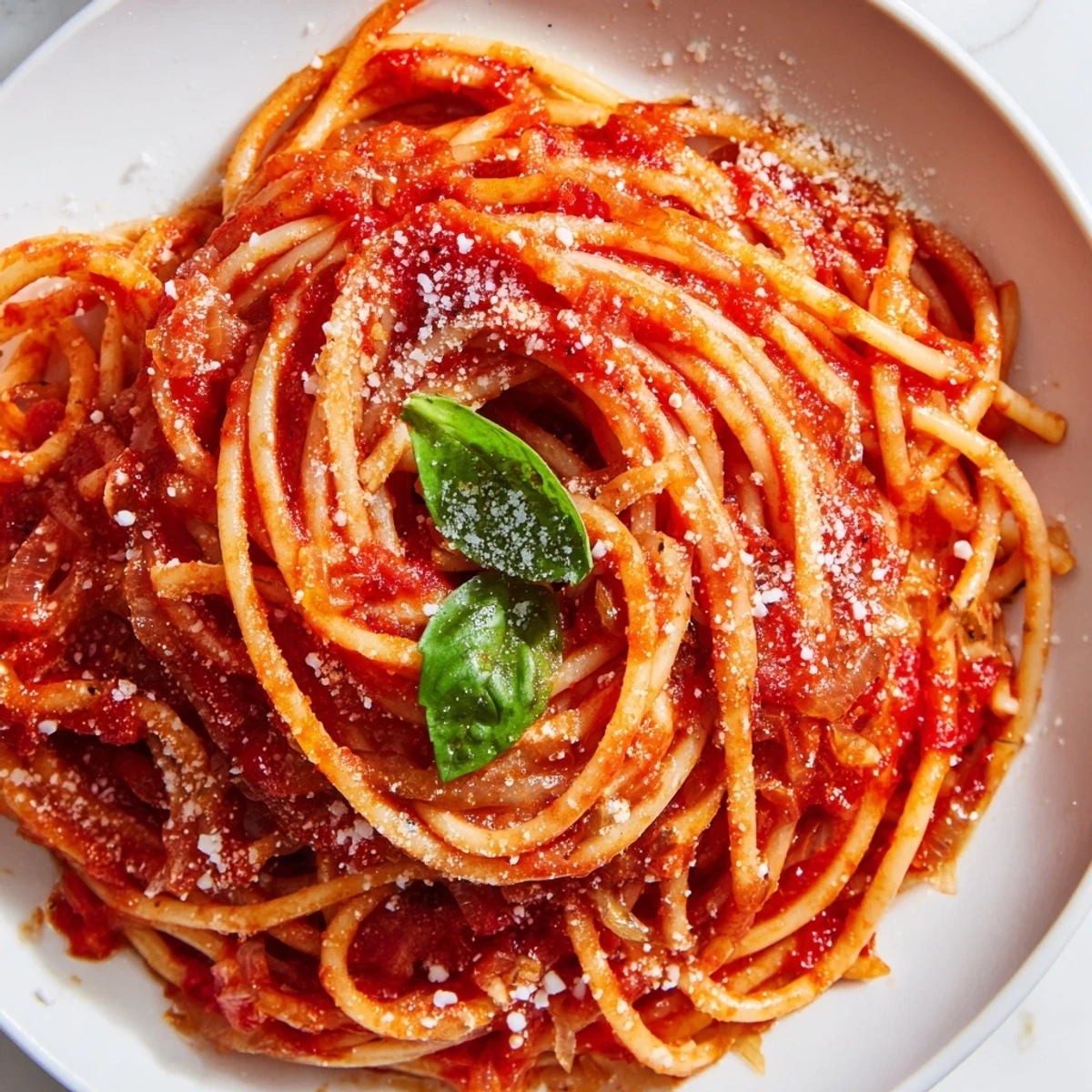 Golden pasta noodles coated in rich red tomato sauce garnished with fresh green basil leaves