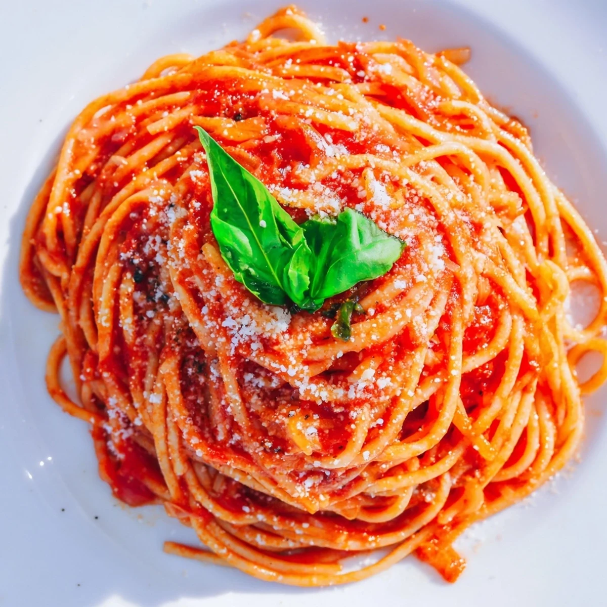 Tender spaghetti tossed in homemade tomato sauce served with fresh basil and cheese shavings